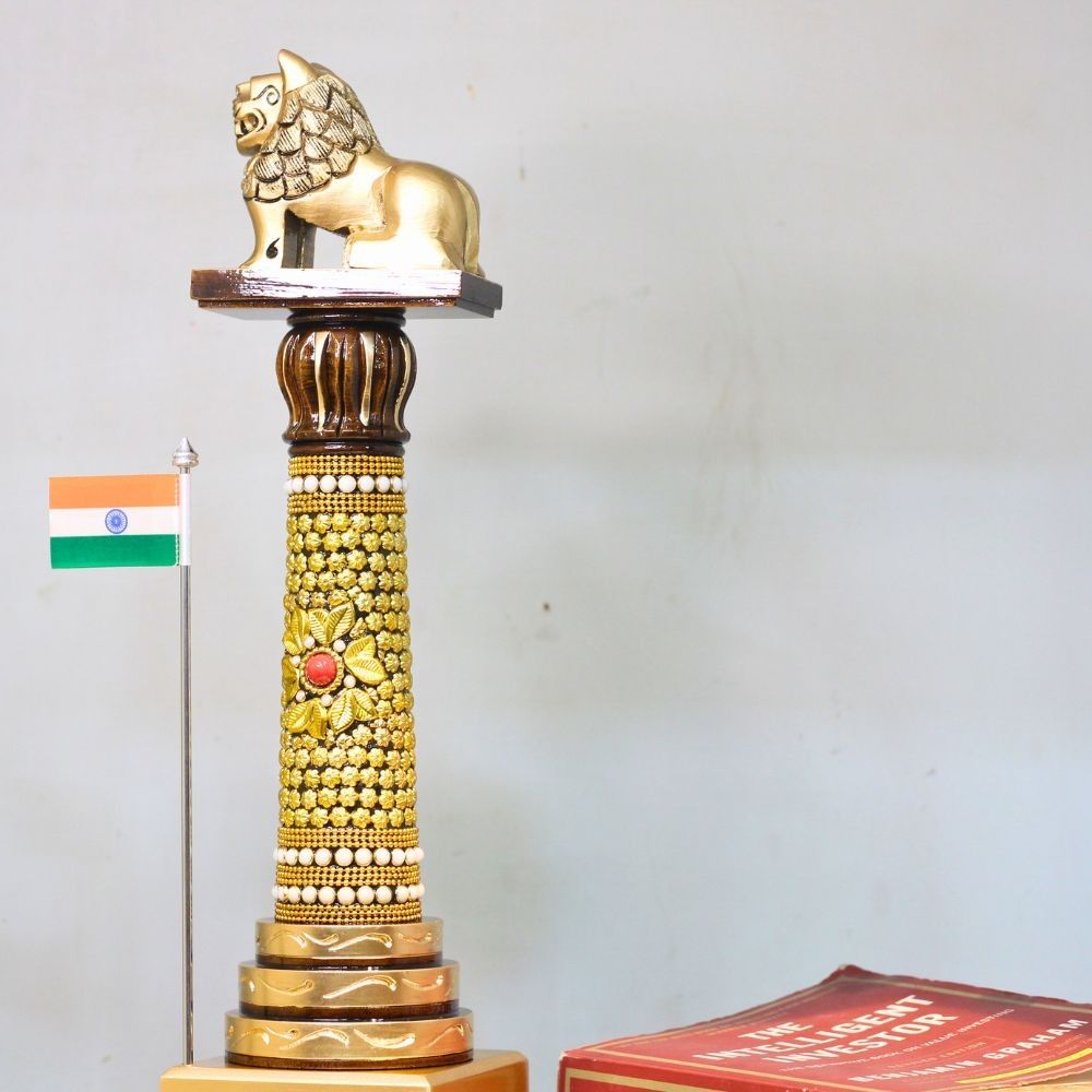 Ashok Stambh Brass and Stones – 12 Inch Decorative Indian National Emblem